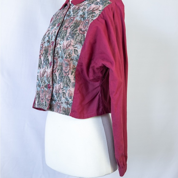 980's Burgundy Jacquard Tapestry Blouse with Victorian Floral Panels - Picture 4 of 8